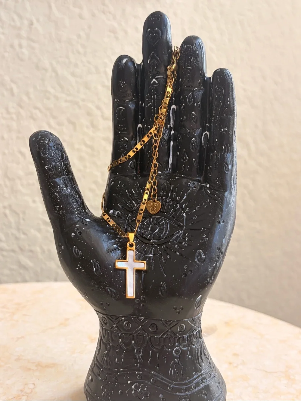 Gold-Tone Cross Necklace with White Inlay - EVRY